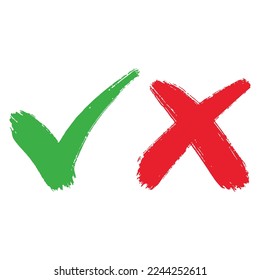 Dibujo manual de la marca de verificación verde y de la cruz roja aislada. Icono correcto e incorrecto. Ilustración vectorial.