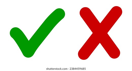 Handgezeichnet mit grünem Häkchen und rotem Kreuz einzeln. Das richtige und falsche Symbol. Vektorgrafik.