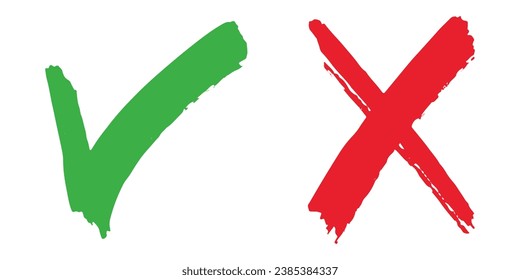 Hand drawn of Green check mark and Red cross isolated. Right and wrong icon. Vector illustration.