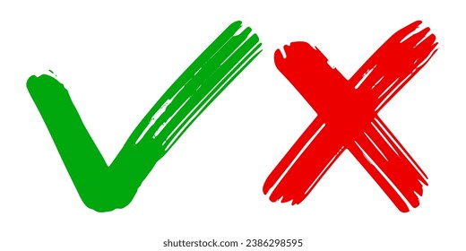 Hand drawn of Green check mark and Red cross isolated. Right and wrong icon. Vector illustration.