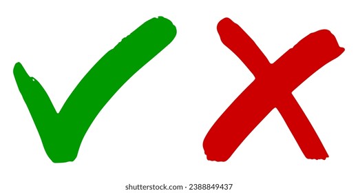 Hand drawn of Green check mark and Red cross isolated. Right and wrong icon. Vector illustration.
