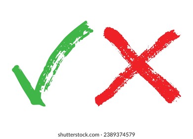 Marca de verificación verde dibujada a mano y marca de cruz roja Marcador signo correcto e incorrecto clipart Doodle de votación