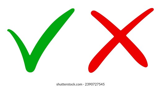 Hand drawn of Green check mark and Red cross isolated. Right and wrong icon. Vector illustration.