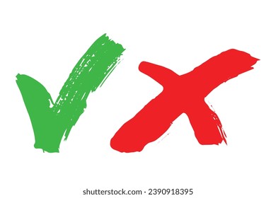 Marca de verificación verde dibujada a mano y marca de cruz roja Marcador signo correcto e incorrecto clipart Doodle de votación