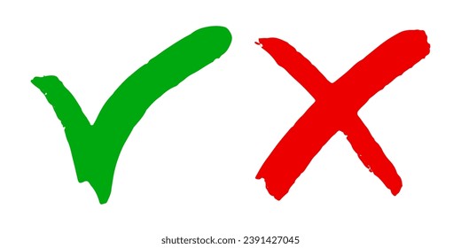 Dibujo manual de la marca de verificación verde y de la cruz roja aislada. Icono correcto e incorrecto. Ilustración vectorial.