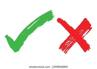 Marca de verificación verde dibujada a mano y marca de cruz roja Marcador signo correcto e incorrecto clipart Doodle de votación