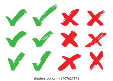 Hand drawn green check mark and red cross mark Marker right and wrong sign clipart Voting doodle