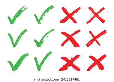 Marca de verificación verde dibujada a mano y marca de cruz roja Marcador signo correcto e incorrecto clipart Doodle de votación