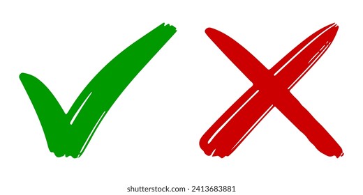 Dibujo manual de la marca de verificación verde y de la cruz roja aislada. Icono correcto e incorrecto. Ilustración vectorial.