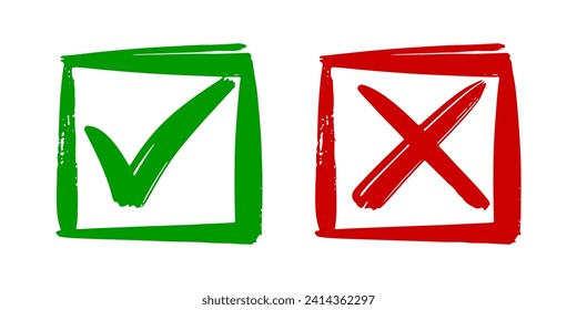 Hand drawn of Green check mark and Red cross isolated. Right and wrong icon. Vector illustration.