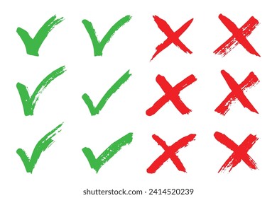 Handgezeichnetes grünes Häkchen und rotes Kreuz Marker rechts und falsch Zeichenklammer Kunst Abstimmdoodle