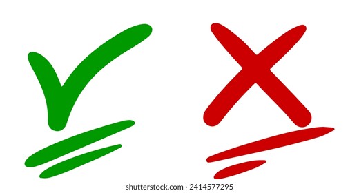 Handgezeichnet mit grünem Häkchen und rotem Kreuz einzeln. Das richtige und falsche Symbol. Vektorgrafik.