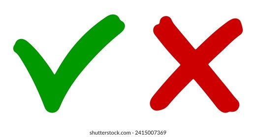 Hand drawn of Green check mark and Red cross isolated. Right and wrong icon. Vector illustration.