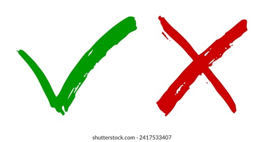 Hand drawn of Green check mark and Red cross isolated. Right and wrong icon. Vector illustration.