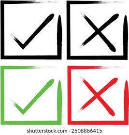 Dibujado a mano de marca de verificación verde y cruz roja aislada. Icono correcto e incorrecto. Ilustración vectorial.	