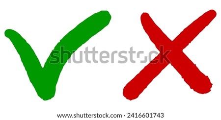 Hand drawn of Green check mark and Red cross isolated. Right and wrong icon. Vector illustration.