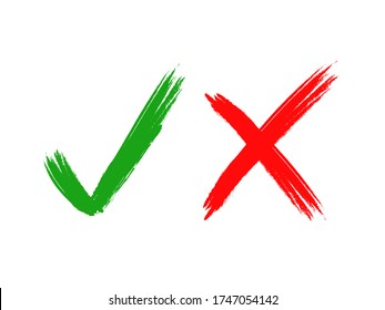 Hand drawn of green checkmark and red cross isolated on white background. Right and wrong icon . Vector illustration.