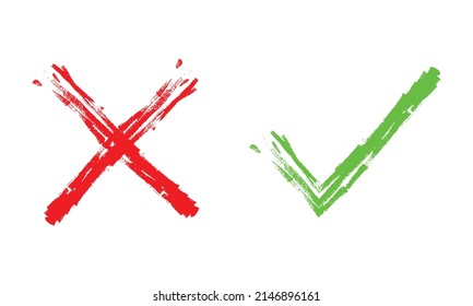 handgezeichnet grünes Auswahlfeld und rotes Kreuz einzeln auf weißem Hintergrund. ja und nein Symbol. Vektorgrafik.
