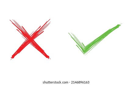 marca de verificación verde dibujada a mano y cruz roja aislada en fondo blanco. sí y ningún icono. Ilustración vectorial.