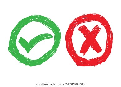 Hand drawn green checkmark and Red cross isolated on white background Vector illustration. 