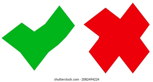 Marca de verificación verde dibujada a mano, marca y cruz roja, icono X, conjunto de símbolos