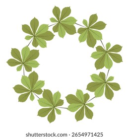 Hand drawn green chestnut leaf circle frame. Vector wreath border of autumn leaves. Seasonal illustration. Template for poster, postcard.