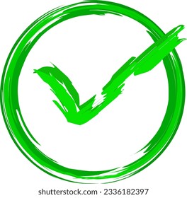 Hand drawn green circle grunge paint brush stroke with green check mark symbol on white background.