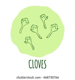 Hand drawn green cloves isolated on a soft green background. Cooking ingredient for design. Spicy herbs seasoning. Vector illustration