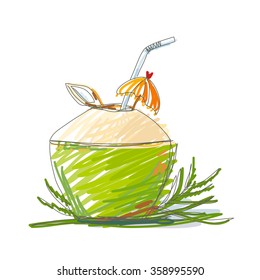 Hand drawn green coconut on white background vector illustration