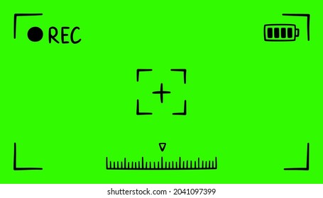 Hand drawn green colored viewfinder frame of camera. Screen of video recorder digital display. Device design template. Vector illustration isolated on green background in doodle style.