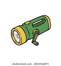 Hand drawn green hand crank dynamo flashlight doodle for disaster preparedness infographic and eco friendly gear catalog