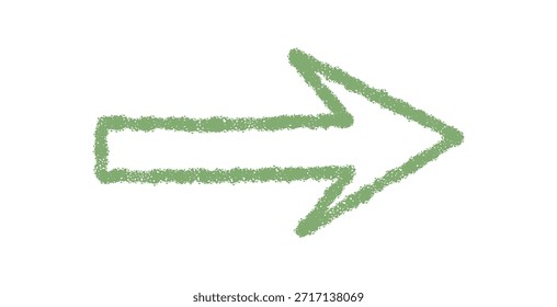 Icono de flecha de crayón verde dibujado a mano con trazo de boceto de tiza. Símbolo de puntero en estilo áspero y dibujado a mano como elemento único. Efecto de tiza simple ideal para usar como icono de dirección o marcador de navegación.