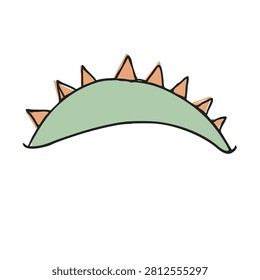 A hand drawn green dinosaur back ridge with orange spikes on a white background
