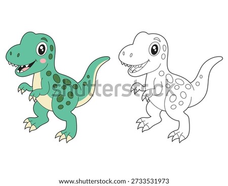 Hand Drawn Green Dinosaur Coloring Sheet for Toddlers. Cheerful T-Rex Character with Bold Outlines and Color Example for Kids.