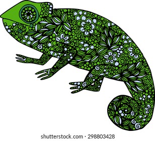 Hand drawn green doodle colorful chameleon illustration decorated with ornaments