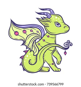 Hand drawn green dragon, vector illustration.