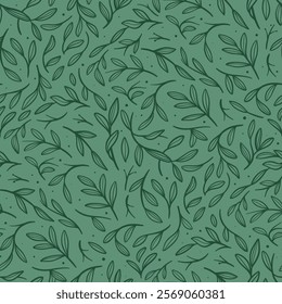 hand drawn green flora leaves and branch line art seamless pattern background