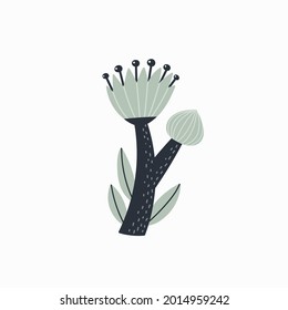 Hand drawn green flower isolated on white backdrop. Stylized fairy tree. Simple cartoon flat style. Vector illustration for baby books, invitations, stickers, tags, posters, postcards, t-shirt design.