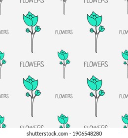 Hand drawn green flower seamless pattern with black outline. Plant pattern for ornament, wrapping and wallpaper. Decorative abstract editable background surface for print, cover and ornament, repeat
