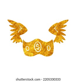 Hand drawn green flying dollar note icon in gold foil texture vector illustration