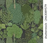 Hand drawn green forest. Seamless plant pattern.