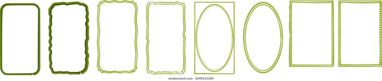 Conjunto de marco verde dibujado a mano con bordes decorativos rectangulares y ovalados para scrapbook, etiqueta, marco de fotos y proyectos de diseño.