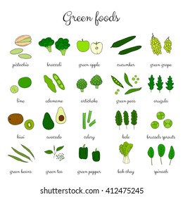 Hand drawn green fruits and vegetables isolated on white background. Pistachio, broccoli, apple, cucumber, grape, lime, edamame, artichoke, peas, arugula, kiwi, avocado, celery, kale, pepper, spinach.