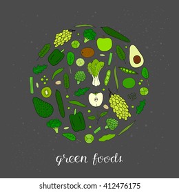 Hand drawn green fruits and vegetables in circle shape on chalkboard background. Pistachio, broccoli, apple, cucumber, grape, lime, edamame, artichoke, arugula, kiwi, avocado, kale, pepper, spinach.
