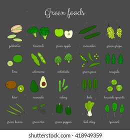 Hand drawn green fruits and vegetables on the blackboard. Pistachio, broccoli, apple, cucumber, grape, lime, edamame, artichoke, peas, arugula, kiwi, avocado, celery, kale, pepper, spinach.