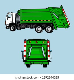 Hand drawn green garbage truck, side and back view. Vector sketch isolated on blue.