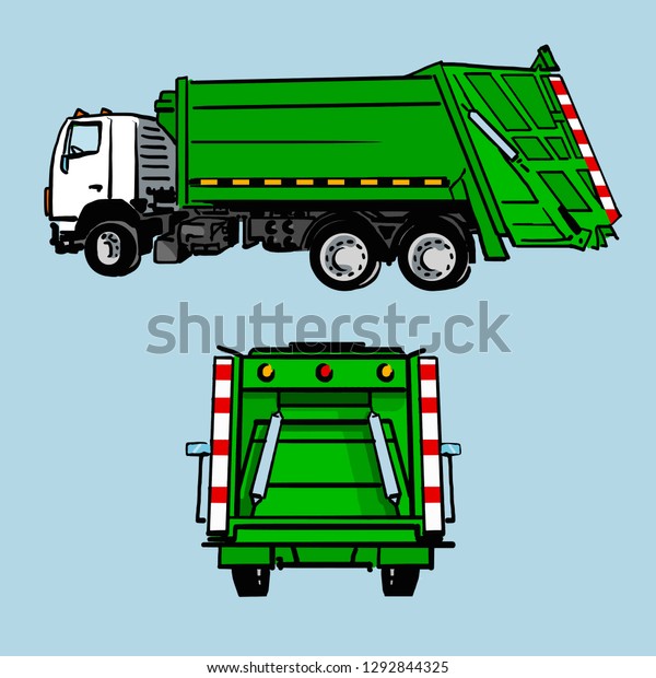 Hand drawn green garbage truck, side\
and back view. Vector sketch isolated on\
blue.