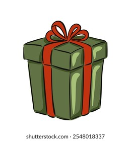 Hand drawn green gift box with red ribbon vector illustration