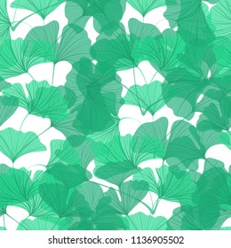 Hand drawn green Ginkgo biloba leaves seamless 
 pattern on white background, wallpaper, textile pattern print, eps 10 vector