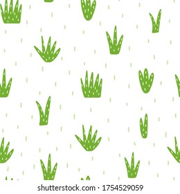 Hand drawn green grass seamless pattern. Cute nature background with plants. Vector illustration